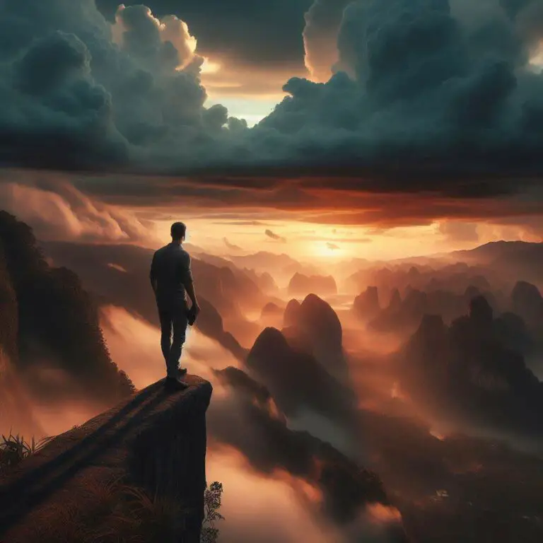 Person standing on cliffhanger ledge with dramatic landscape view