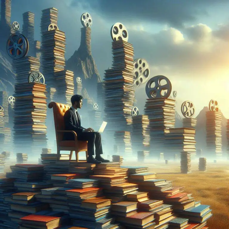 Screenwriter working on laptop surrounded by books and film reels