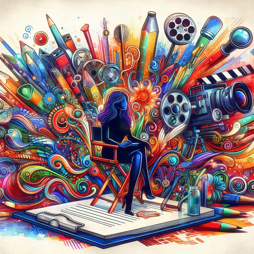 Vibrant abstract artwork depicting filmmaking elements bursting from Google Docs