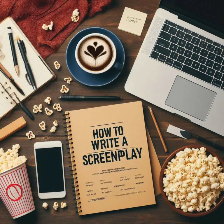 A wooden desk displaying objects needed for screenwriting - notebook, pen, laptop with scriptwriting software open, printed script pages, coffee cup, popcorn bowl.