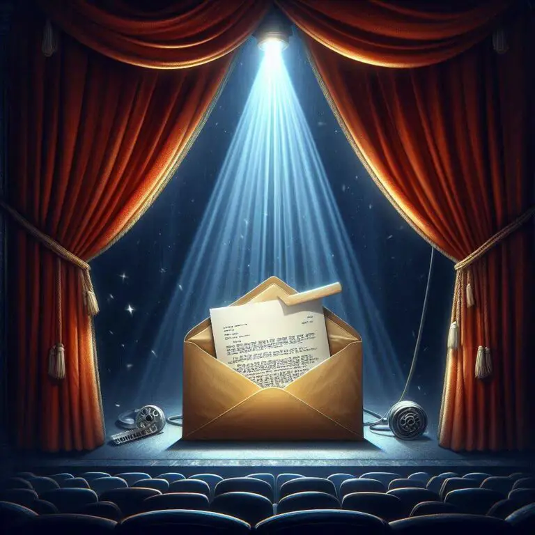 Red velvet theater curtains pulled back to reveal an open envelope illuminated by a dramatic spotlight, with a few pages of a screenplay visible peeking out from the envelope, painted in moody blue and black tones.