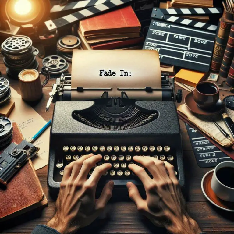 Close up of hand typing the words "Fade In:" on a retro typewriter on a desk covered in books, writing materials and screenplay pages with a film reel and clapperboard sitting on the background.