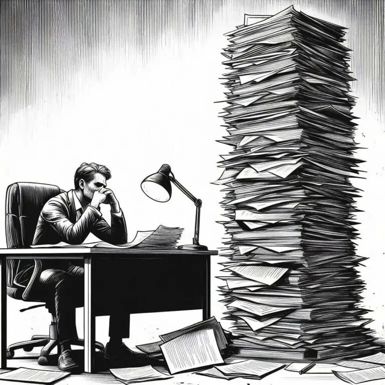 A stressed screenwriter sits at a desk looking overwhelmed by a towering pile of screenplay manuscripts behind them, black and white sketch art style illustration.