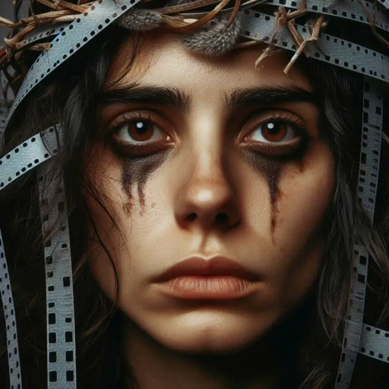 Film director exhausted stressed face close-up with film reels crown of thorns