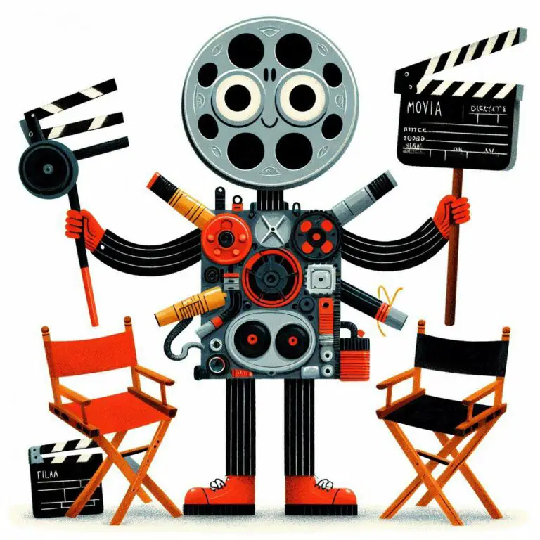 Whimsical illustration of film director made from movie objects