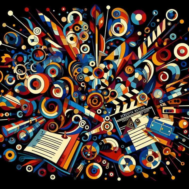 Colorful abstract art with screenwriting symbols