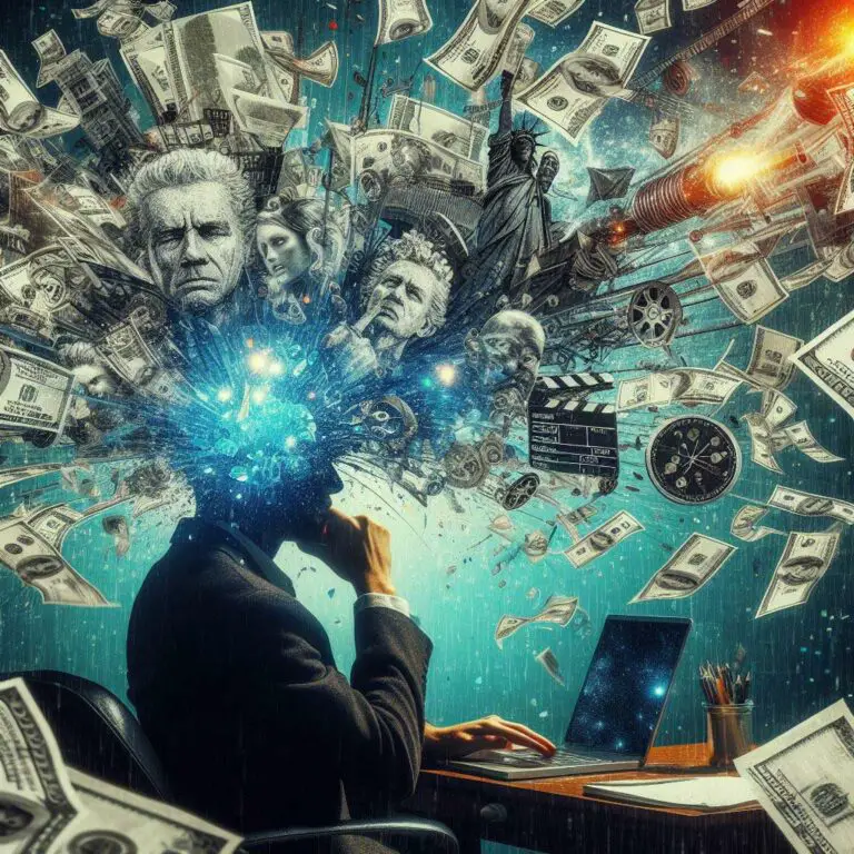 Surreal screenwriter illustration with movie scenes and dollar bills