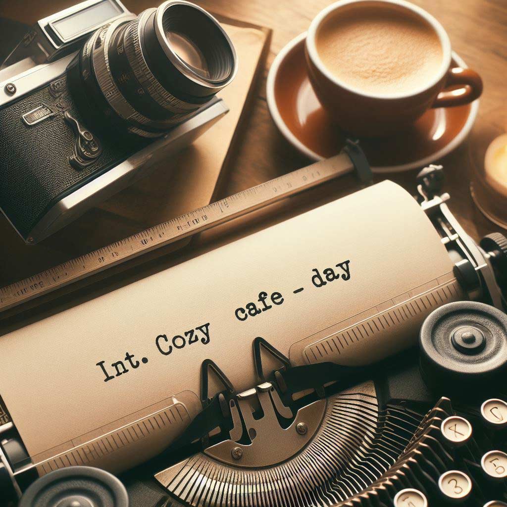 Vintage typewriter with slug line INT. COZY CAFE - DAY, coffee mug, and retro camera