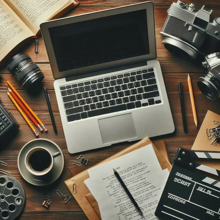Writer's desk with laptop, scattered script, film camera, clapperboard, pencils, coffee mug