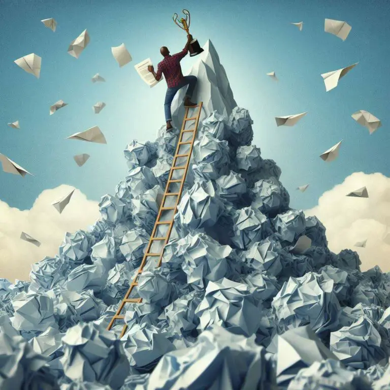 Person climbing crumpled paper mountain to reach screenwriting award at summit