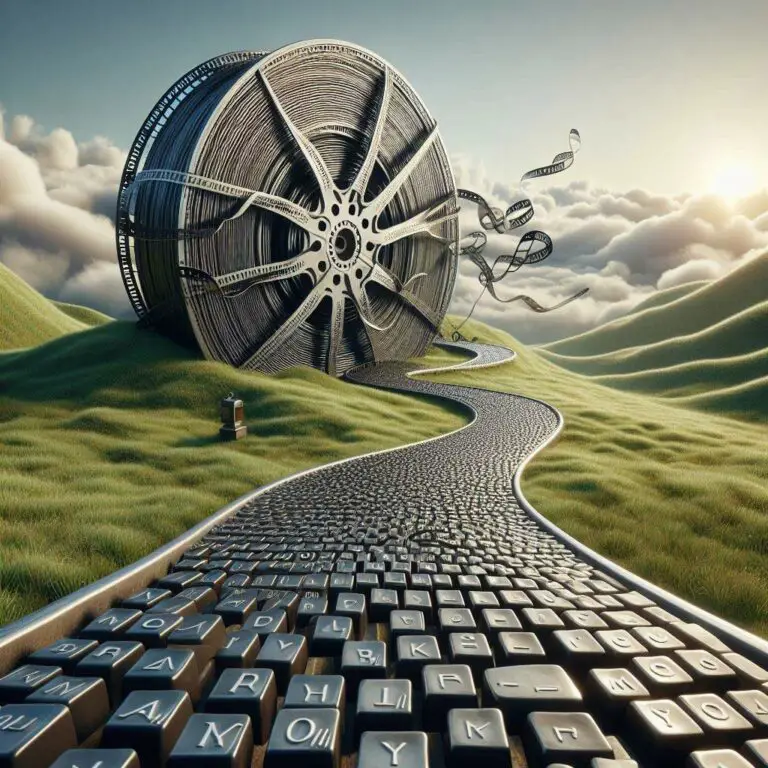 Surreal landscape with typewriter key road leading to italicized film reel sculpture
