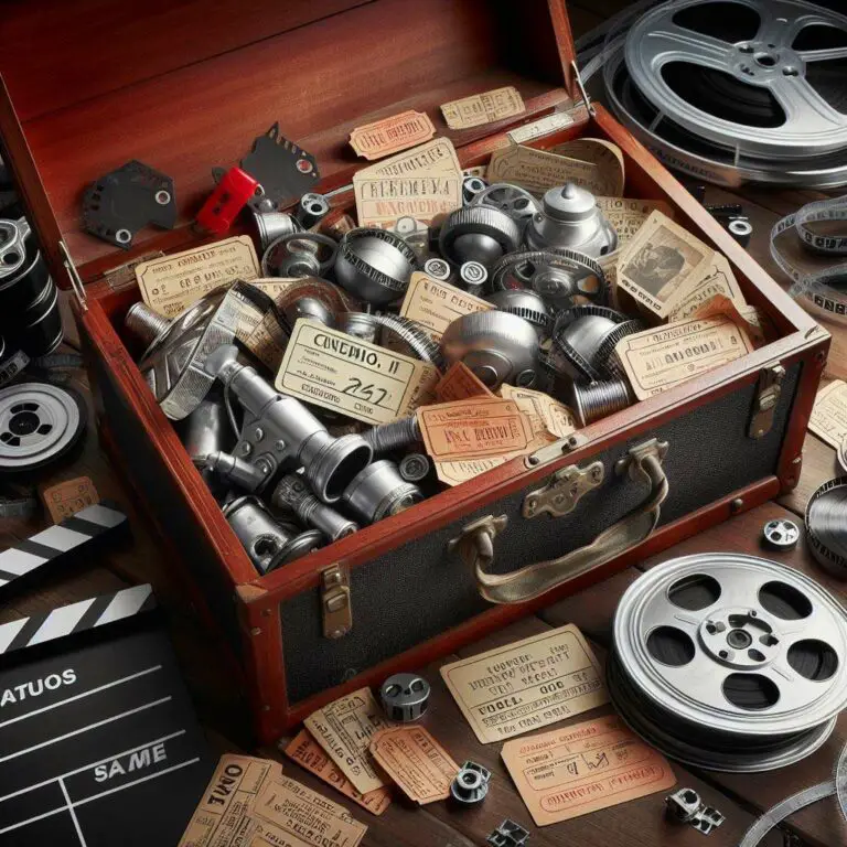 An open antique treasure chest with a beam of light shining on vintage 35mm film reels, retro cinema tickets, clapperboards, and other filmmaking memorabilia representing the search for creative screenplay ideas.
