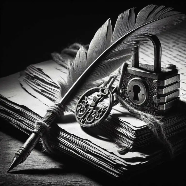 A black and white photo shows an antique brass key unlocking a padlock fastened tightly around a stack of classic screenplay pages and a feather quill pen, lit dramatically in shadows.