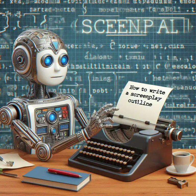A vintage silver robot with typewriter typing the words How to Write a Screenplay Outline on a sheet of paper