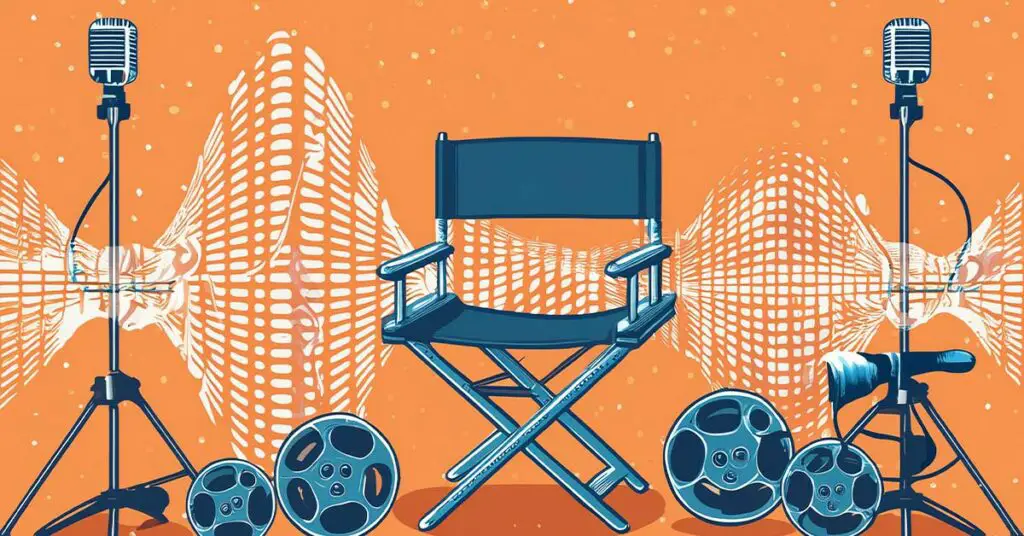 A surreal illustration depicting the ADR (Automated Dialogue Replacement) process in filmmaking. A movie director's chair is surrounded by microphones, headphones, and audio equipment, representing the audio recording aspect. In the background, a film reel transitions into a waveform pattern, symbolizing the transformation of visuals into audio during the ADR process.