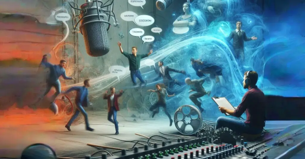 A surreal image depicting actors frozen in an action movie sequence, with speech bubbles representing their dialogue being controlled by a sound engineer with audio equipment, showcasing the ADR process