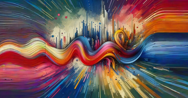 Abstract art portraying dynamic sound waves and audio visualizations in vibrant colors, representing the process of capturing and manipulating dialogue in Automated Dialogue Replacement (ADR).
