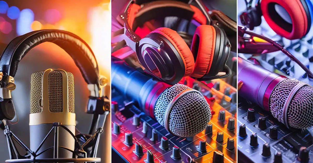 An image collage featuring recommended hardware and software used in professional ADR workflows, such as high-quality microphones, audio interfaces, and audio editing tools.