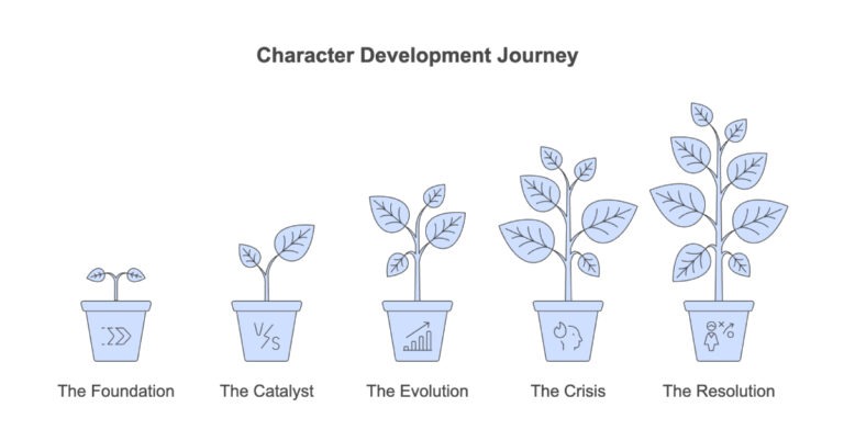 Character Development Journey: A visual representation of the character development process using a plant growth analogy. The stages include The Foundation, The Catalyst, The Evolution, The Crisis, and The Resolution.