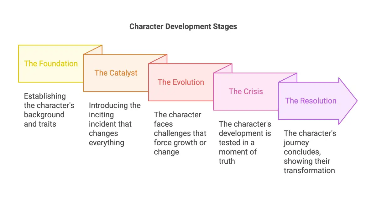 Building Believable Characters: A Guide to Character Development. Learn the five stages of character development: The Foundation, The Catalyst, The Evolution, The Crisis, and The Resolution.