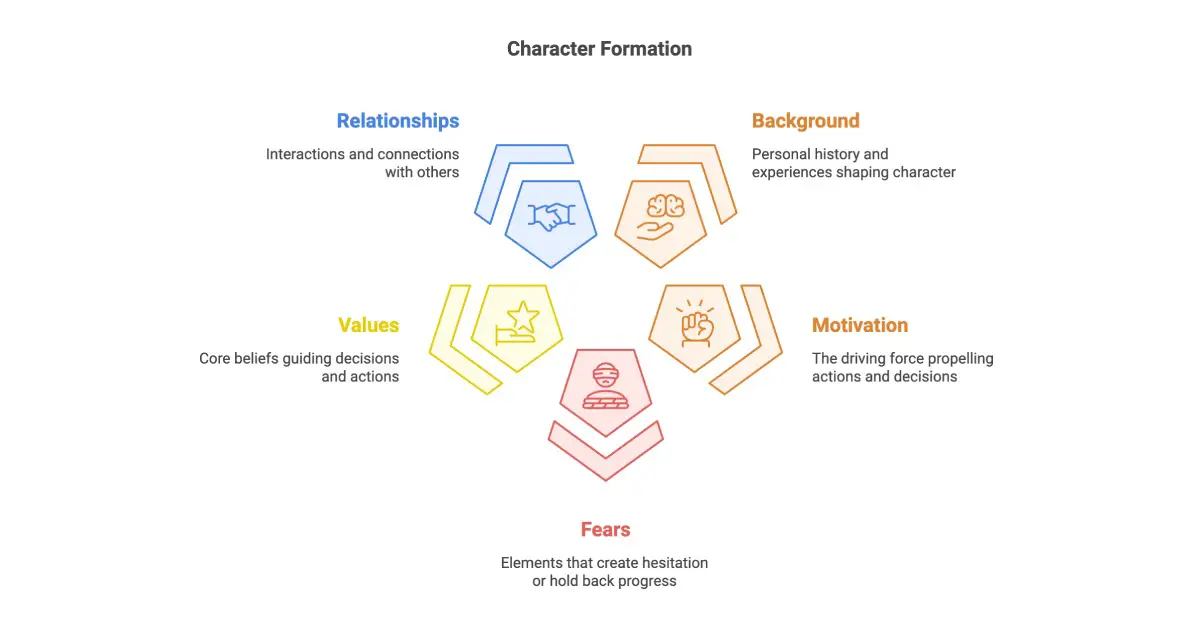 Building Believable Characters: A visual breakdown of the key factors that contribute to character development: Relationships, Background, Values, Motivation, and Fears.