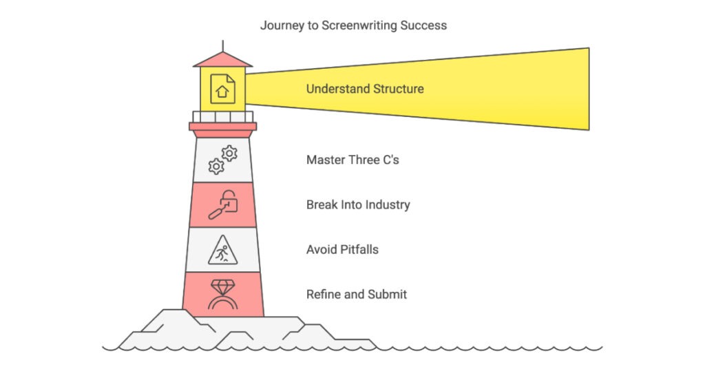 Master Screenwriting Essentials: Navigate the path to success with this visual guide, covering essential steps like structure, the three Cs, industry entry, avoiding pitfalls, and script refinement.