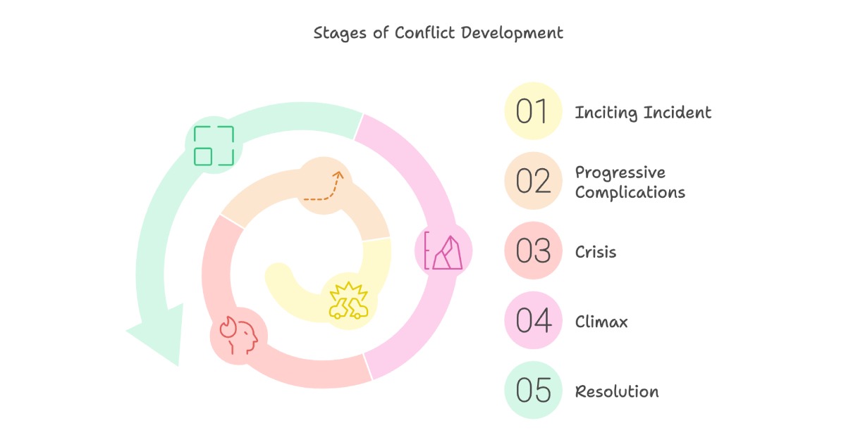 Illustration of the stages of conflict development, highlighting key steps: Inciting Incident, Progressive Complications, Crisis, Climax, and Resolution, visually representing the process of 'Creating Conflict' in storytelling and narratives.