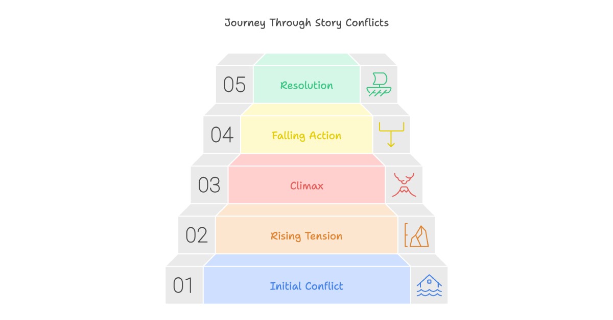 Diagram illustrating the journey through story conflicts with five stages: Initial Conflict, Rising Tension, Climax, Falling Action, and Resolution, providing a structured approach to 'Creating Conflict' in narrative development.