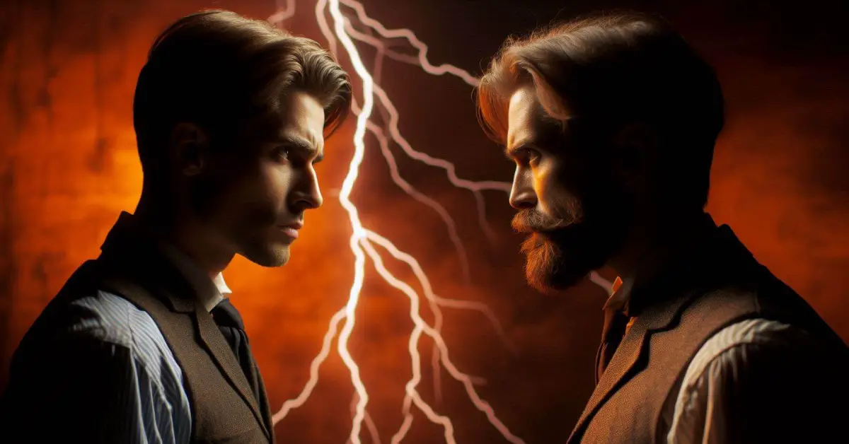 Two men in vintage attire face off with intense expressions, surrounded by dramatic lightning and fiery tones, symbolizing the theme of 'Creating Conflict' through tension and opposing forces.