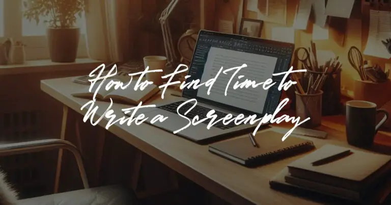 Cozy home office with laptop, coffee, and screenwriting materials for a productive writing session
