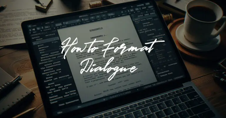 Screenplay dialogue format guide showing industry-standard character names and dialogue blocks with minimal parentheticals for professional scriptwriting
