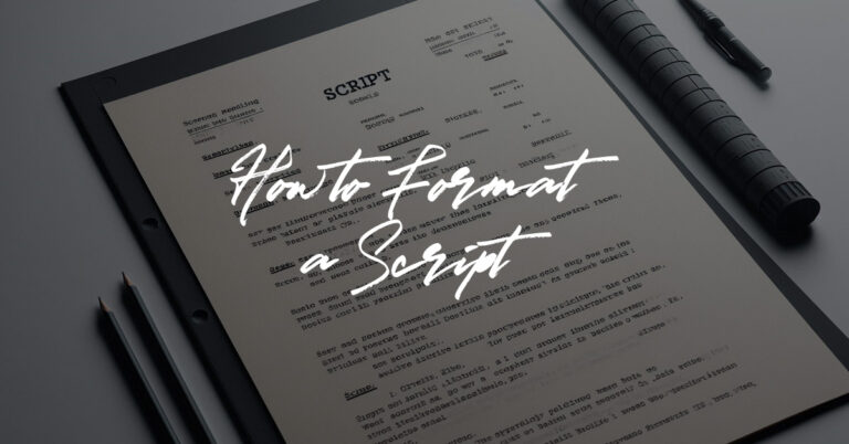 Screenwriting script pages with professional formatting elements like scene headings, dialogue, and margins