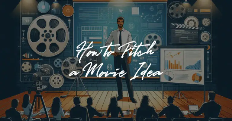 Filmmaker presenting a movie pitch deck to industry professionals in a film industry setting