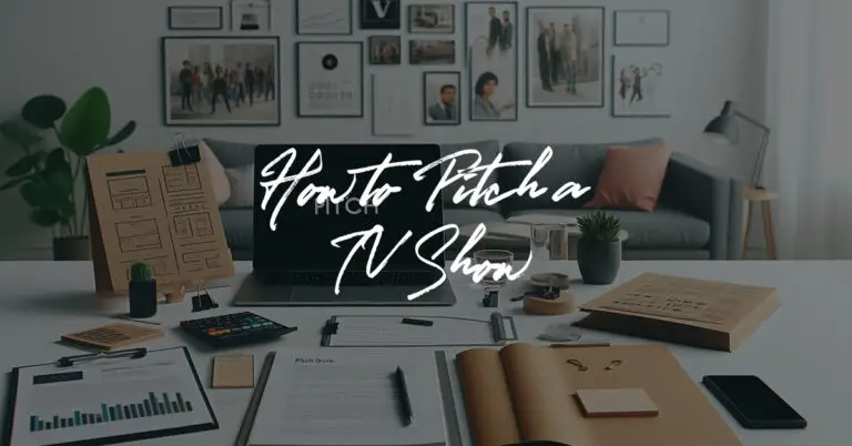 TV show pitch materials, including a pitch deck, character breakdowns, and script on a desk